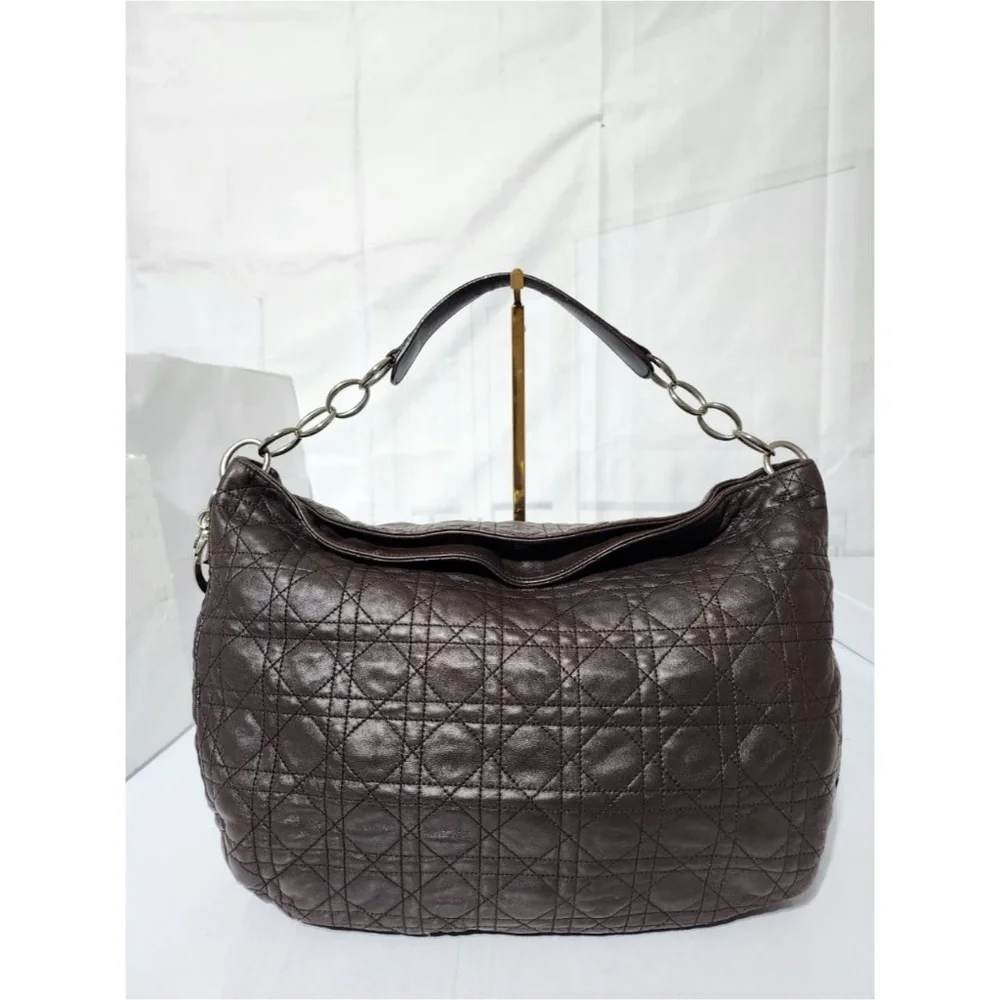 Authentic CHRISTIAN DIOR Cannage Quilted Lambskin Leather Soft Hobo Bag Brown